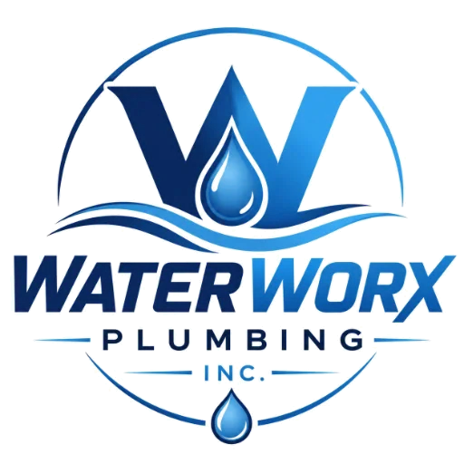 Waterworx Plumbing Inc. logo: a navy W with a water drop above the Waterworx Plumbing Inc. name